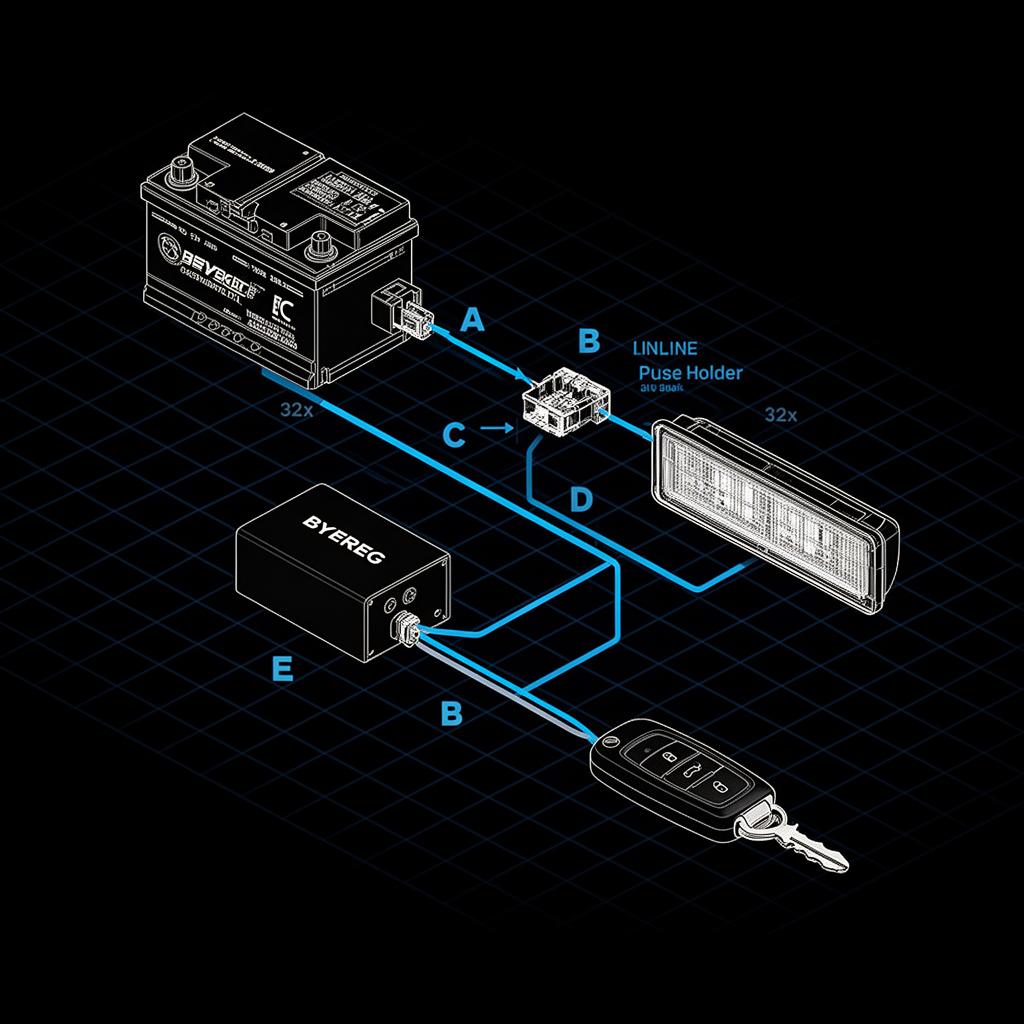 Exploded diagram: 12V tap, inline fuse, ByeReg module, key fob, plate lights