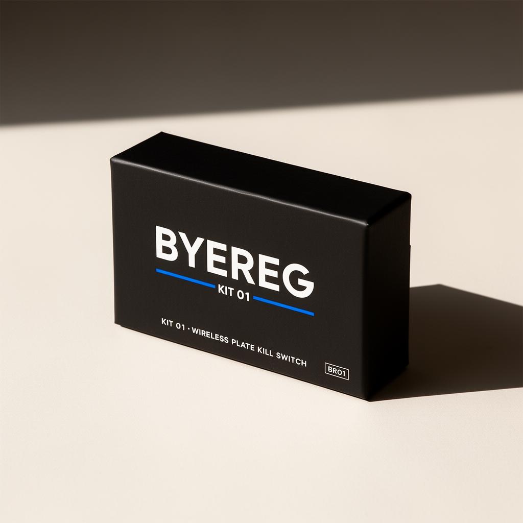 ByeReg KIT 01 packaging — matte black box with electric blue accent